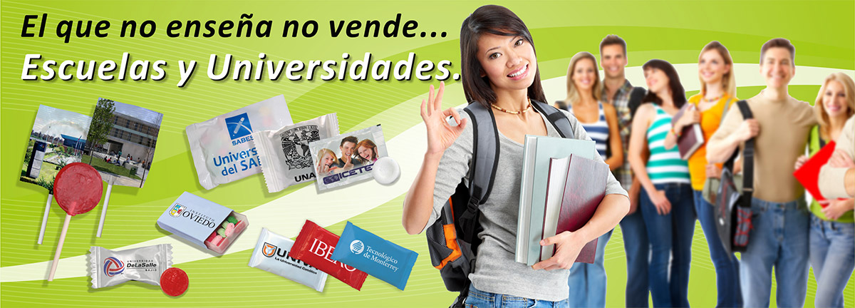 Dulces publicitarios para escuelas y universidades.